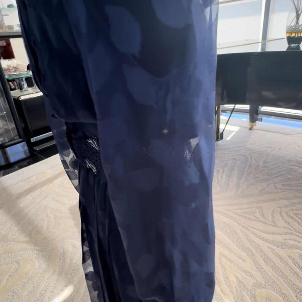 Vintage Sheer Navy Blue Dress with Hand Beaded Leaf Accents - Picture 6 of 9